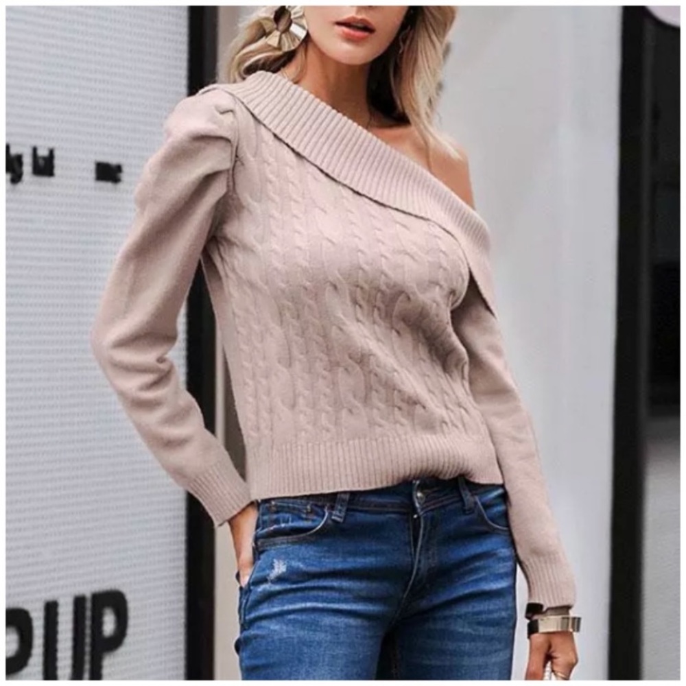 SOLD OUT CLEARANCE Blush Cable Knit One Shoulder Sweater - Picture 2 of 6